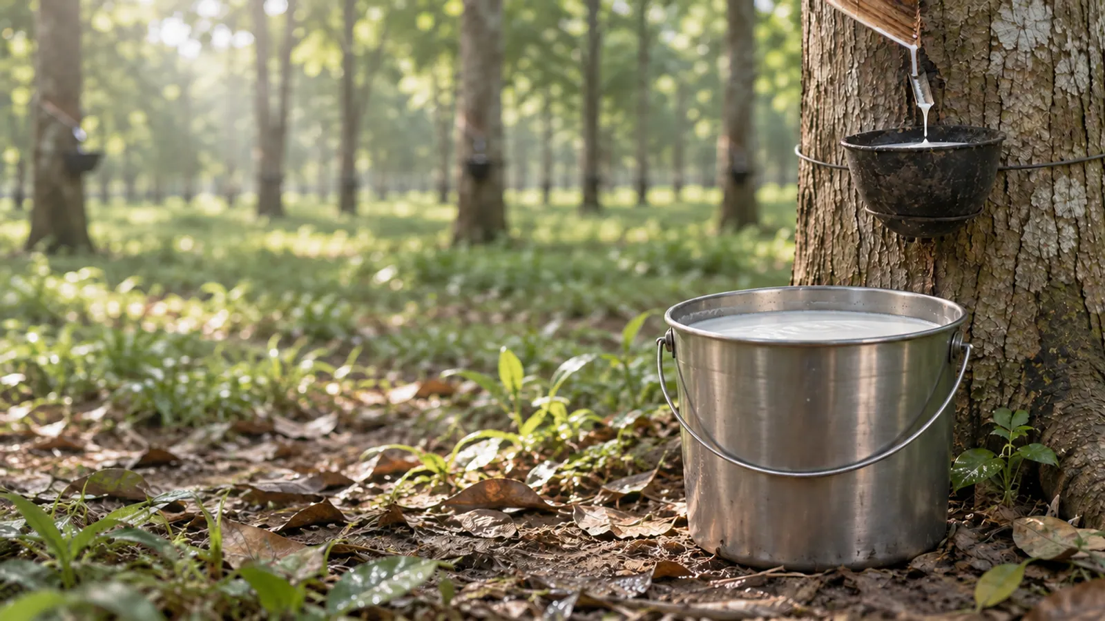 Latex collection cup and stainless pail at the same tree.