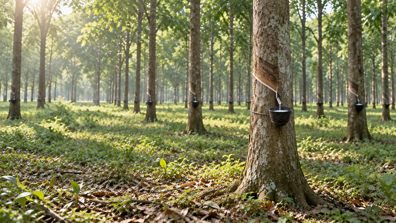Mature Rubber plantation, with one tapped hero tree in soft natural light.