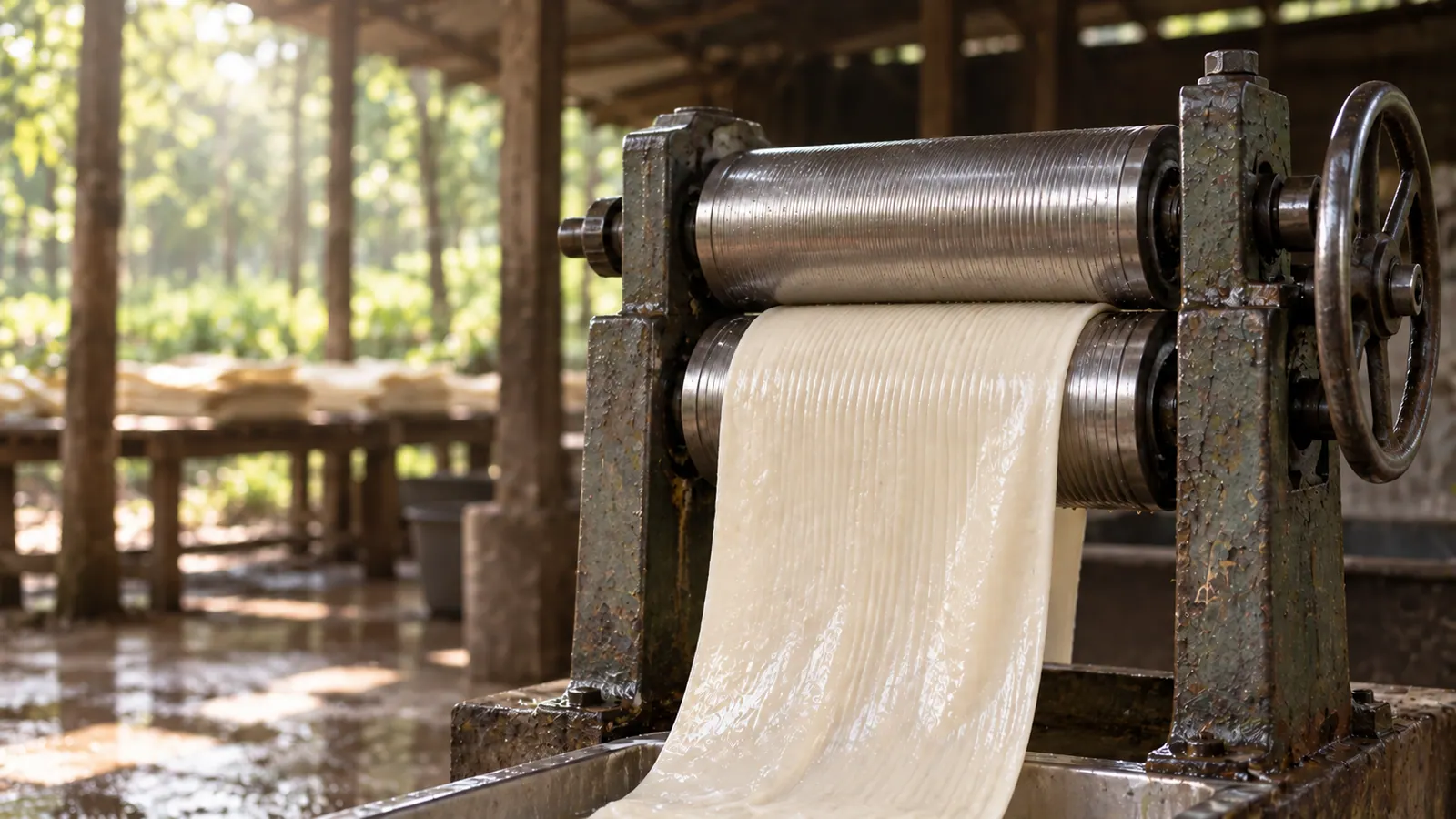 Pale Rubber sheet emerging through the rollers of a simple manually operated mill.