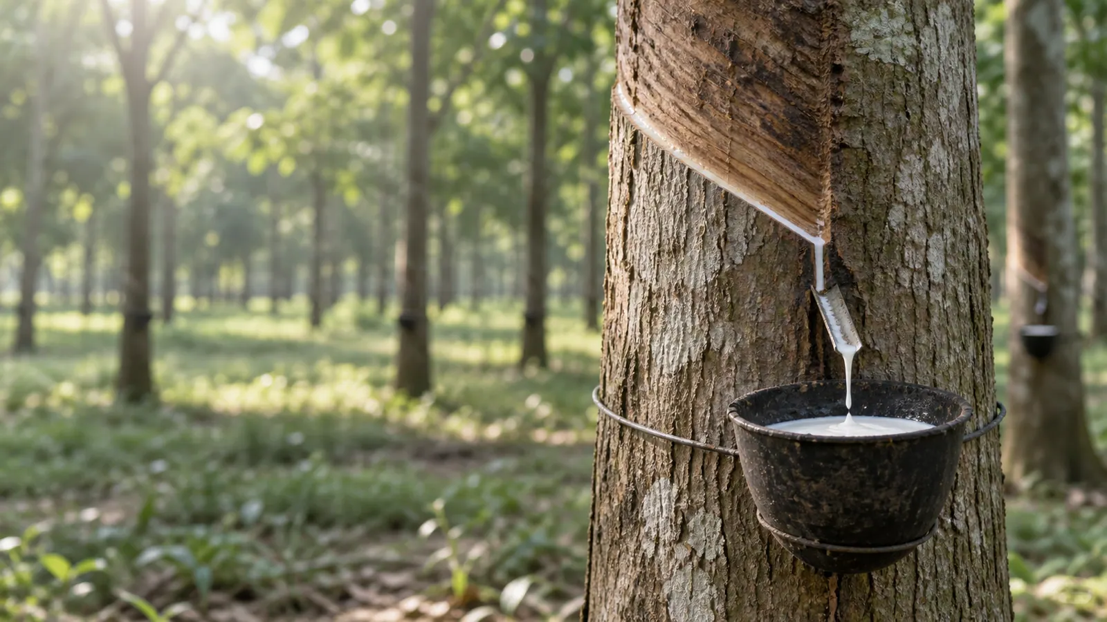 Close view of a shallow tapping panel, metal spout and milky latex collecting in a cup.